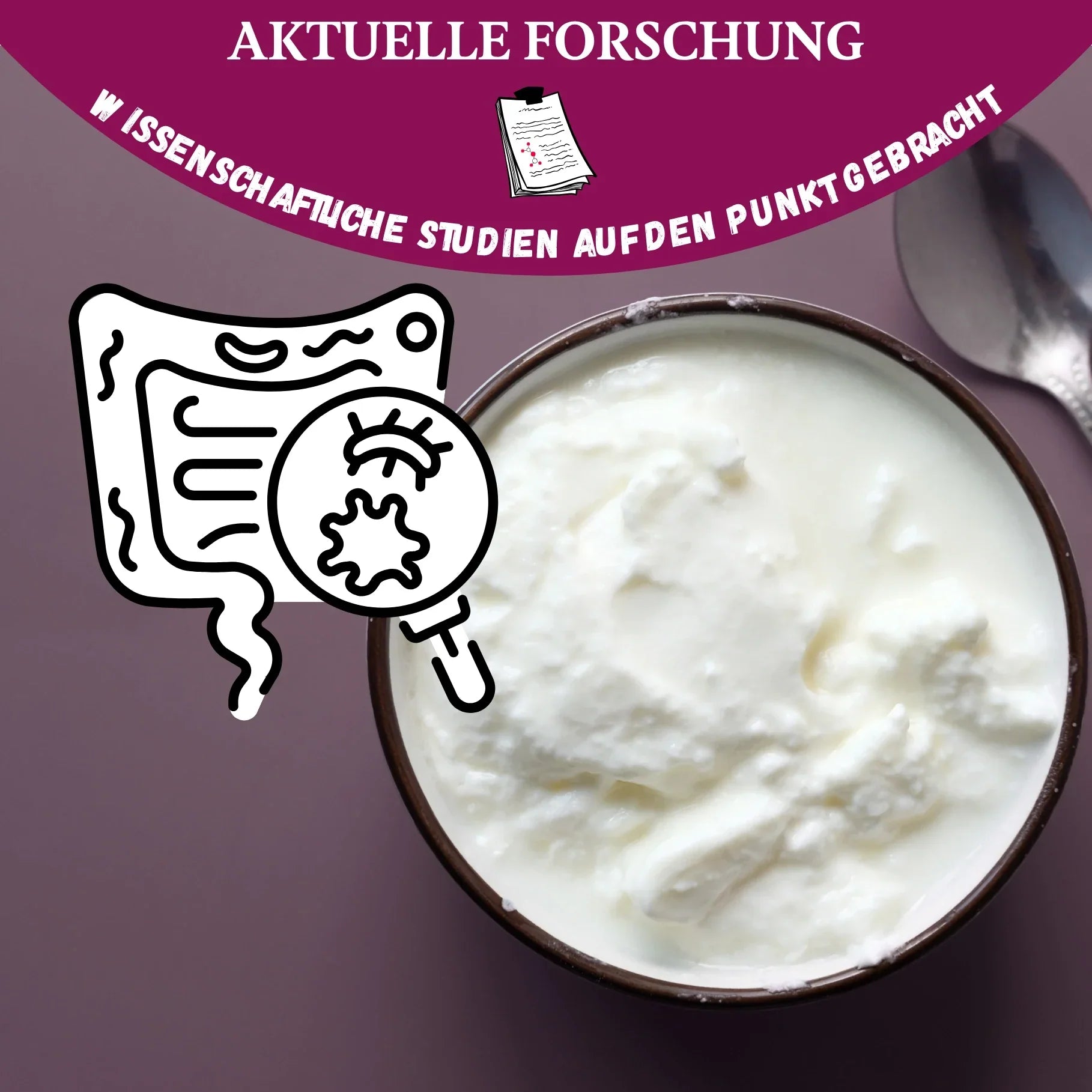 Joghurt als fermentiertes Lebensmittel mit Illustration von Darm und Mikroorganismen zur aktuellen Forschung über Joghurt und Darmgesundheit.