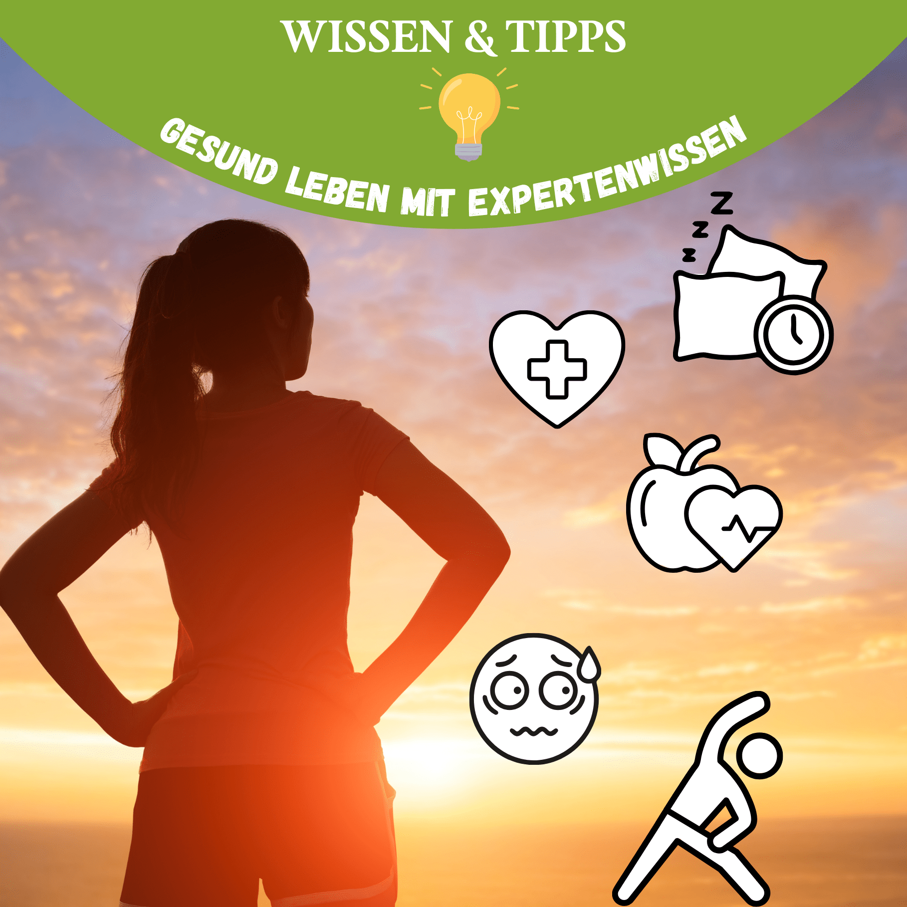 Blogpost-Banner für den Artikel Die 5 größten Denkfehler rund um Gesundheit im Alltag – Silhouette einer Frau im Sonnenuntergang mit Icons für Gesundheit, Schlaf, Ernährung, Stress und Bewegung