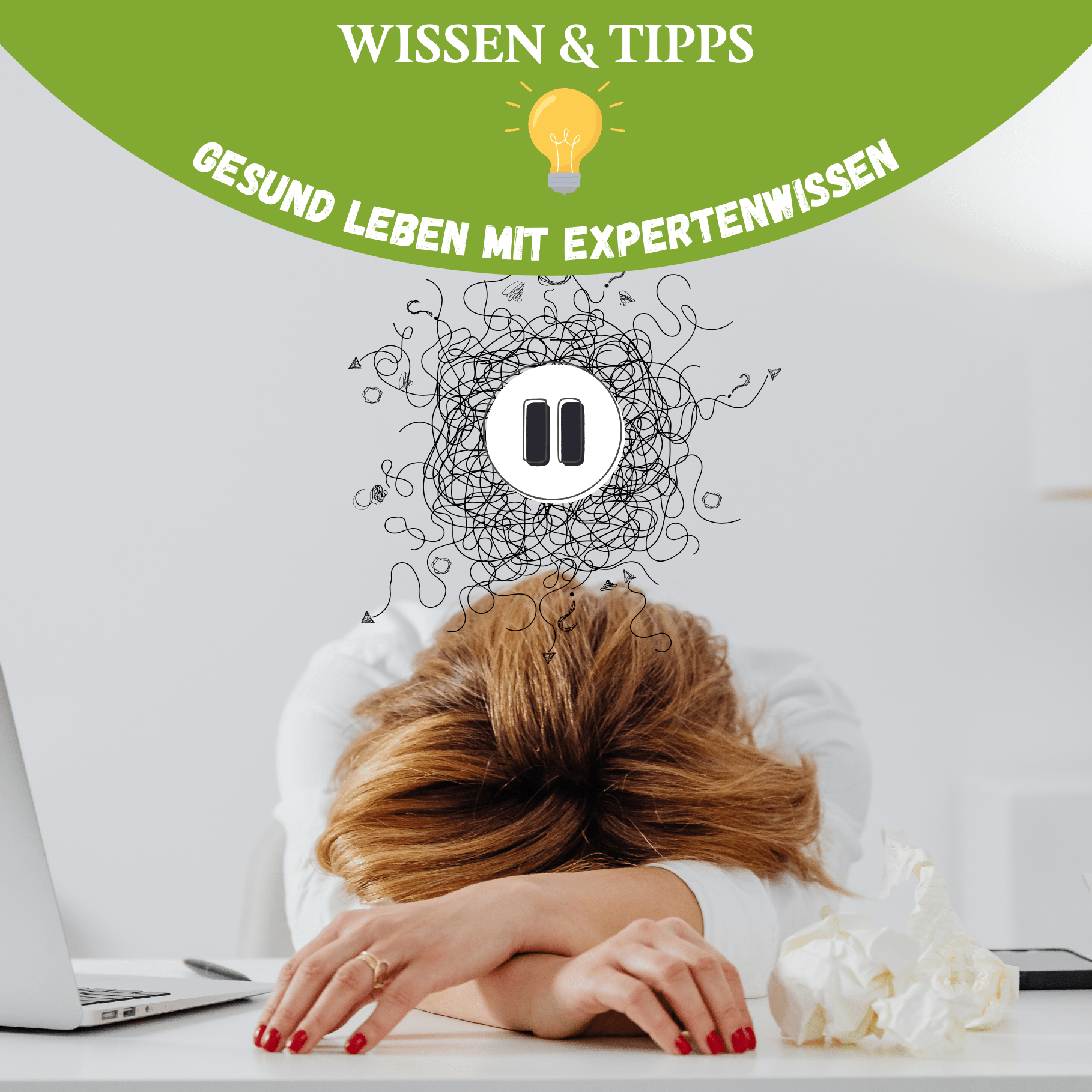 Frau mit Kopf auf dem Schreibtisch, über ihr chaotische Gedankenillustration – Symbol für mentale Erschöpfung und geistige Überlastung im Alltag.
