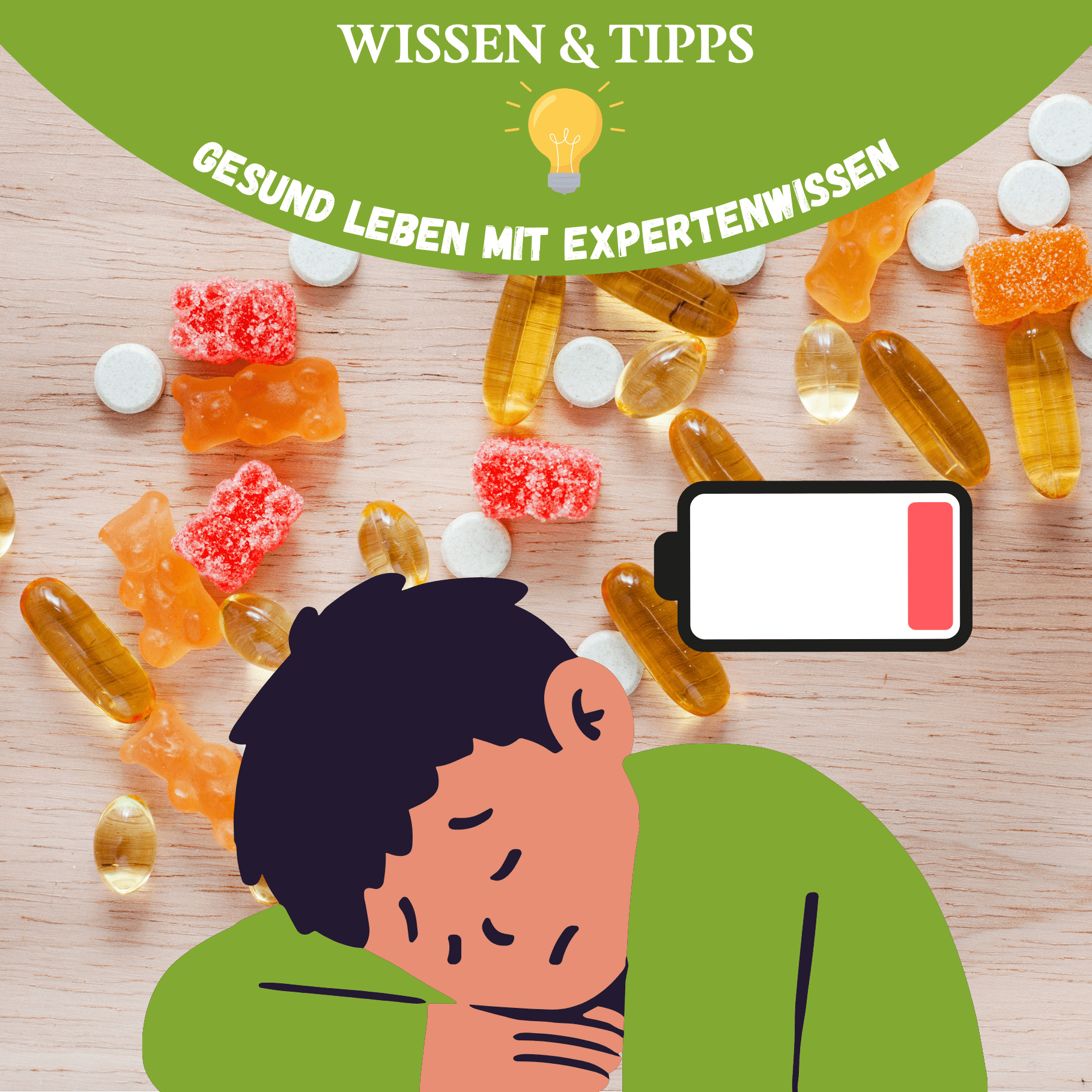 Müdigkeit trotz Supplements: erschöpfte Person und Nahrungsergänzungsmittel als Symbol für ausbleibende Energie